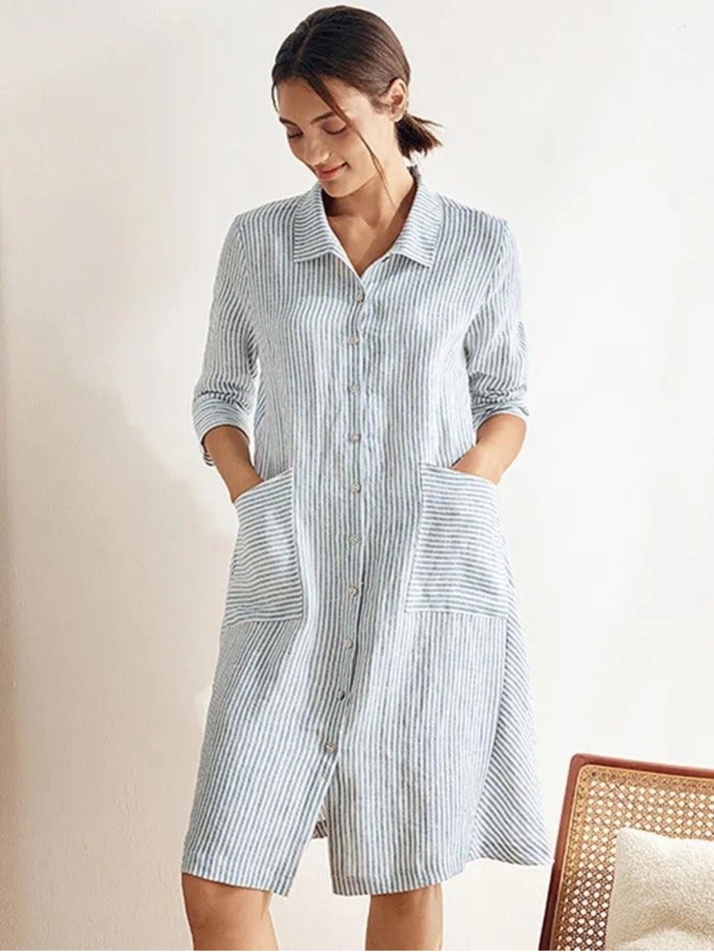 NWT LINTICO Madison 100% Linen Striped Shirt Dress Coastal Shell Buttons Beach S